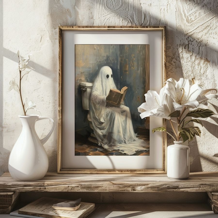 Ghost Reading a Book in Toilet Halloween Bathroom Wall Art Print product image (22)