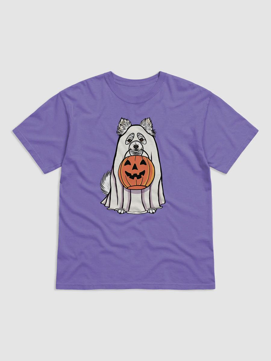 Funny Halloween Pomeranian(White) T-Shirt | Funny Pomeranian Wearing a Ghost Costume and Holding a Pumpkin Basket product image (27)