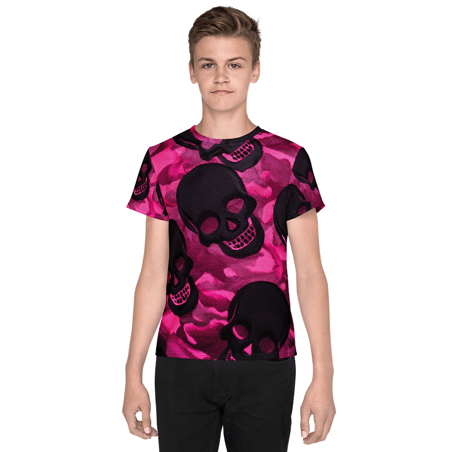 Youth Crew Neck T-Shirt pink and black skull product image (1)