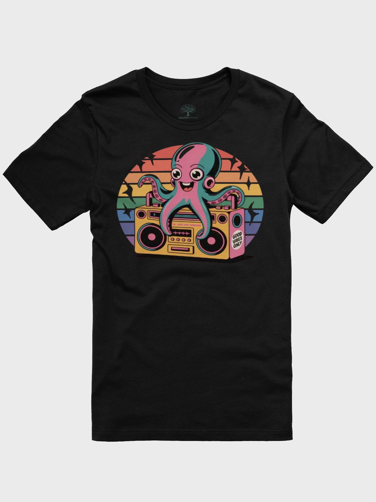 Unisex Supersoft Retro Octopus T-shirt with Boombox Design - Good Vibes Only | Graphic Grove product image (11)