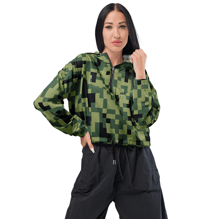 Military Green Camouflage Pixels Camo Pattern Women's Cropped Windbreaker product image (1)