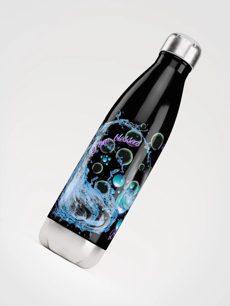 water bottle with beautiful swirly blue water splash and drops design featuring “ I am blessed’ product image (4)