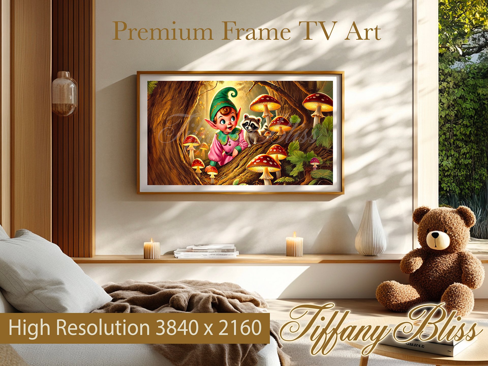 Spring Samsung Frame TV Art, Forest Elf with Raccoon, Woodland, Retro Art for TV product image (4)