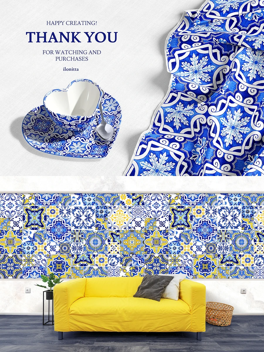 Portuguese Azulejos Tiles & Patterns Watercolor Clipart and Seamless Patterns BUNDLE product image (13)