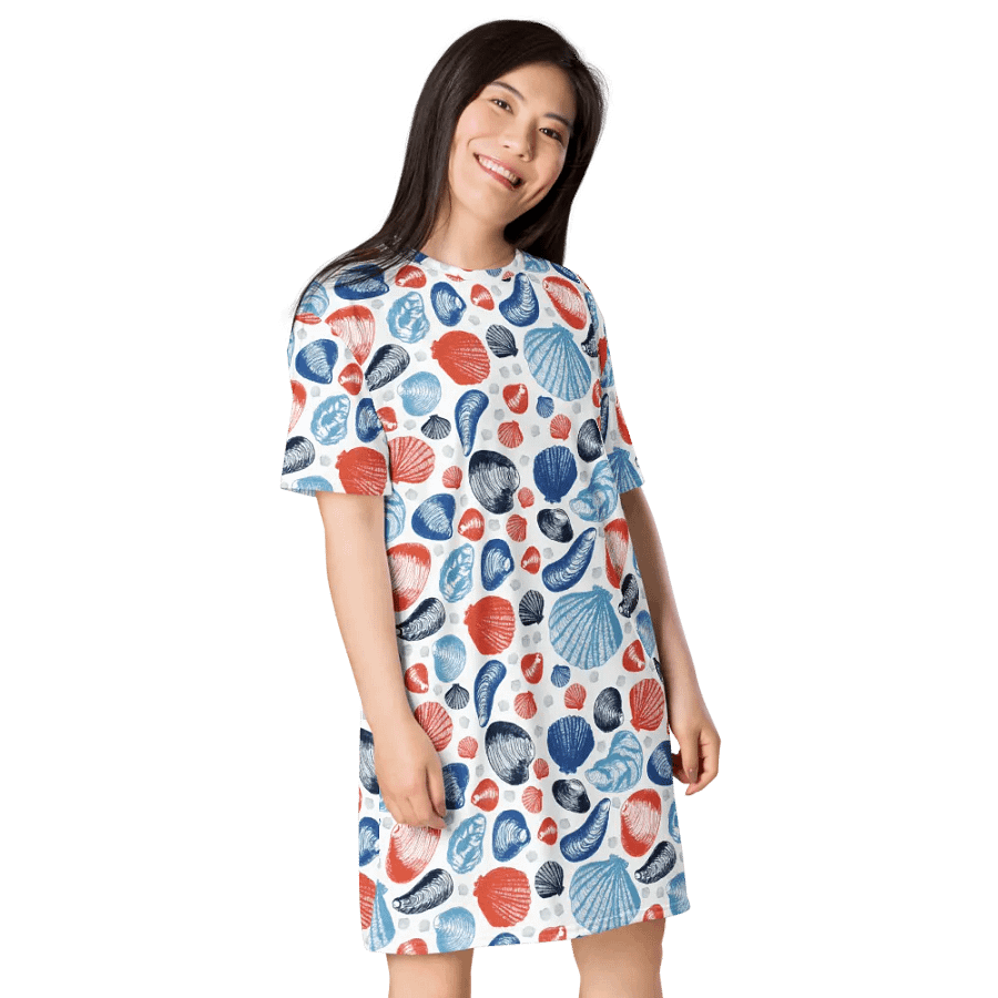 Women's | New England Tidal Treasures | T-Shirt Dress | Seashell Print, Oversized & Comfy | Red & Blue on White product image (4)