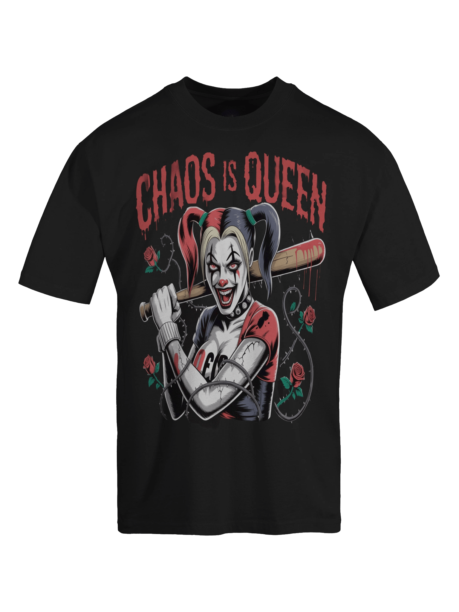 Harley Quinn 'Chaos is Queen' Rose-Thorn Bat Oversized Faded T-Shirt product image (1)