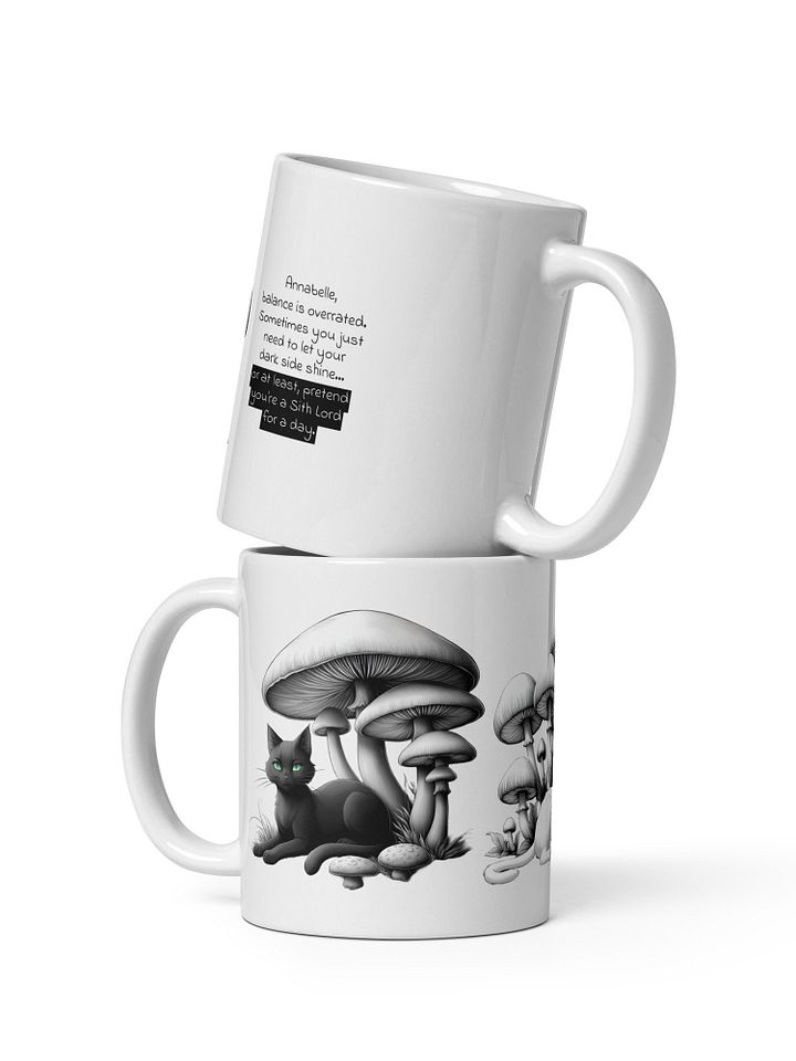 Personalized Black Cat and White Cat Resting Under Giant Mushrooms White Glossy Mug product image (1)