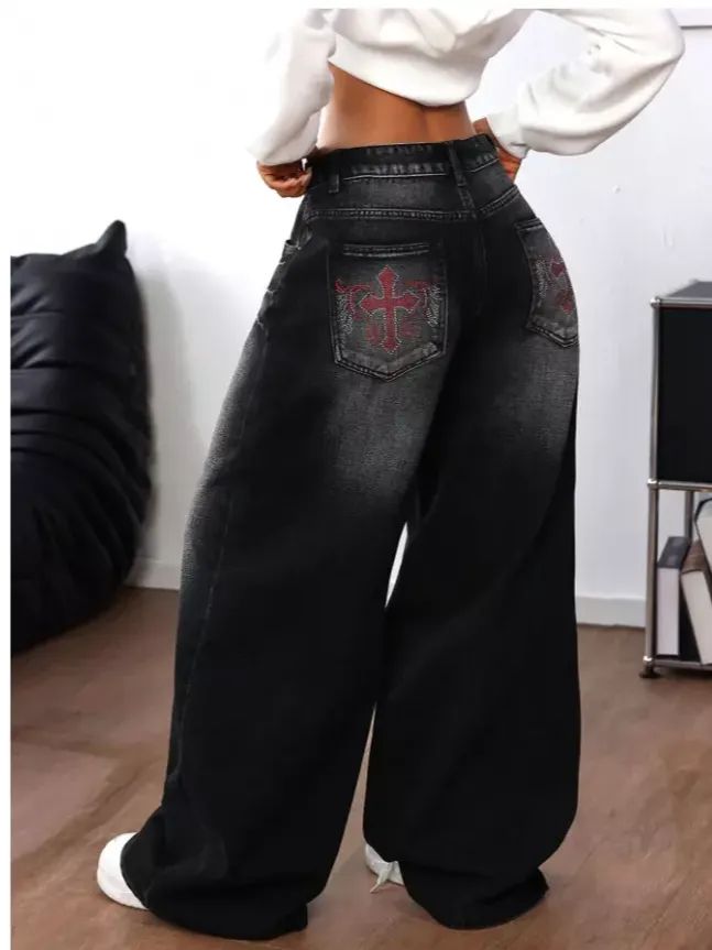 Women’s Baggy Jeans Y2K Black Wide Leg Embroidered Hip Hop Streetwear Vintage- product image (2)