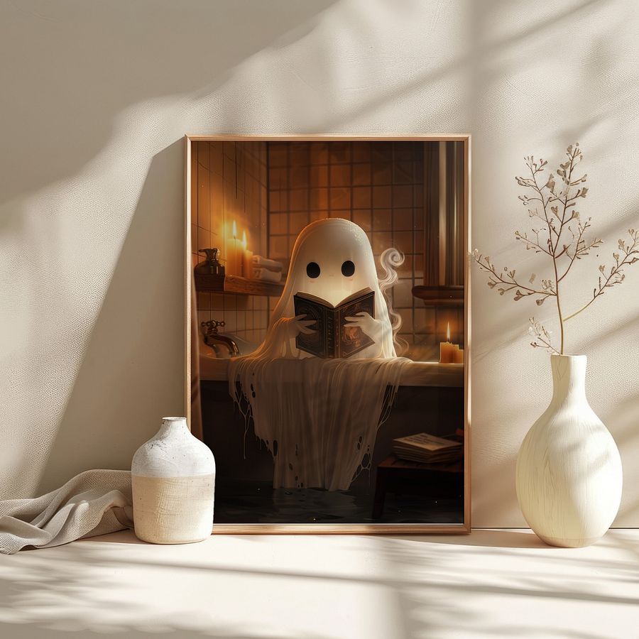 Cute Ghost Reading a Book in The Bathroom Halloween Art Print product image (23)