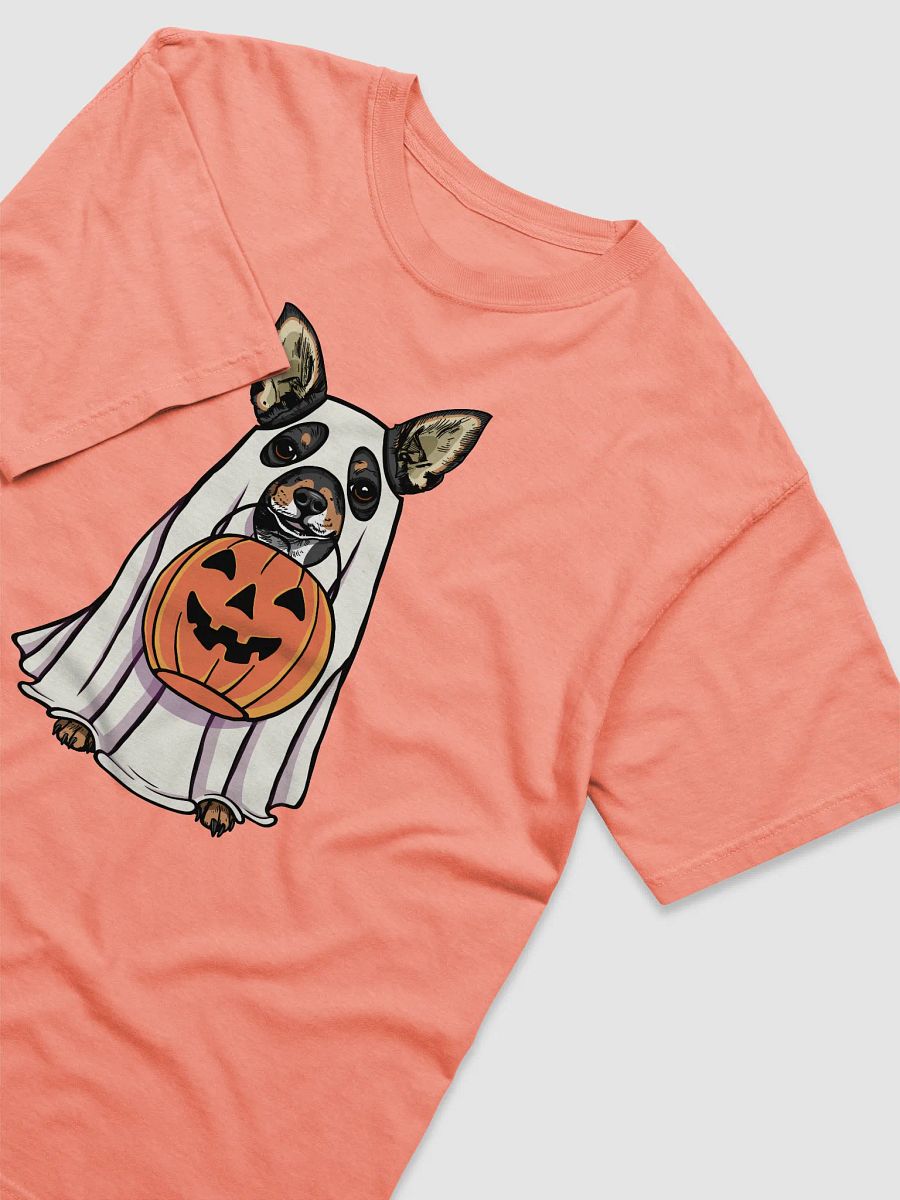 Funny Halloween Chihuahua(Tricolor) T-Shirt | Funny Chihuahua Wearing a Ghost Costume and Holding a Pumpkin Basket product image (20)