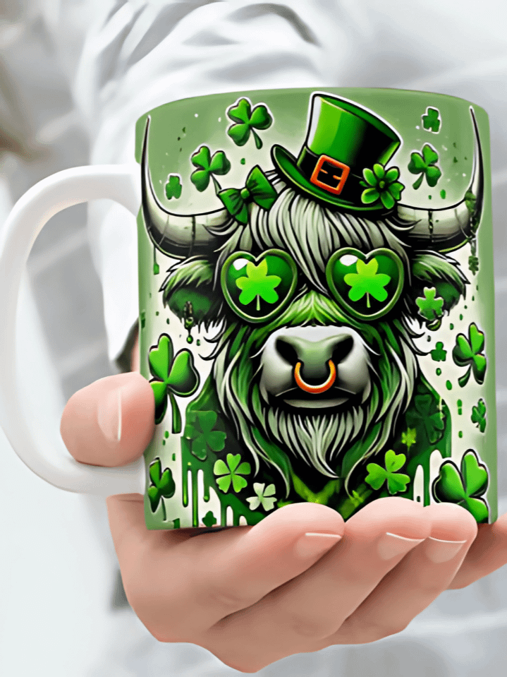 Highland Cow St. Patrick’s Day Mug Wrap – 300 DPI PNG sublimation design for 11 oz and 15 oz mugs product image (1)