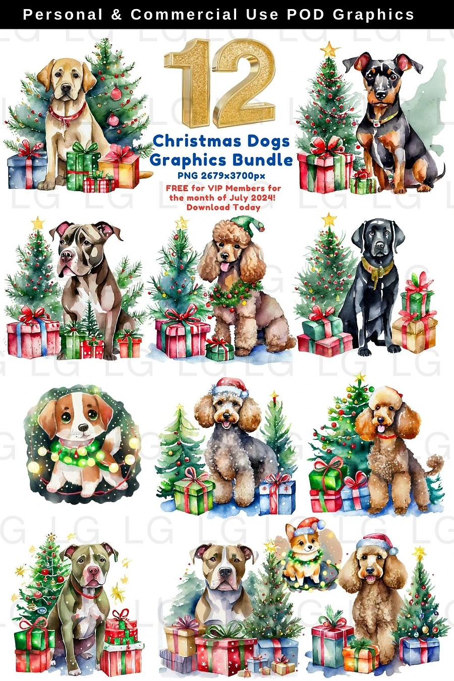 12 Christmas Dog Graphics Bundle Commercial Pod Use Clipart for Zazzle Redbubble and more product image (1)