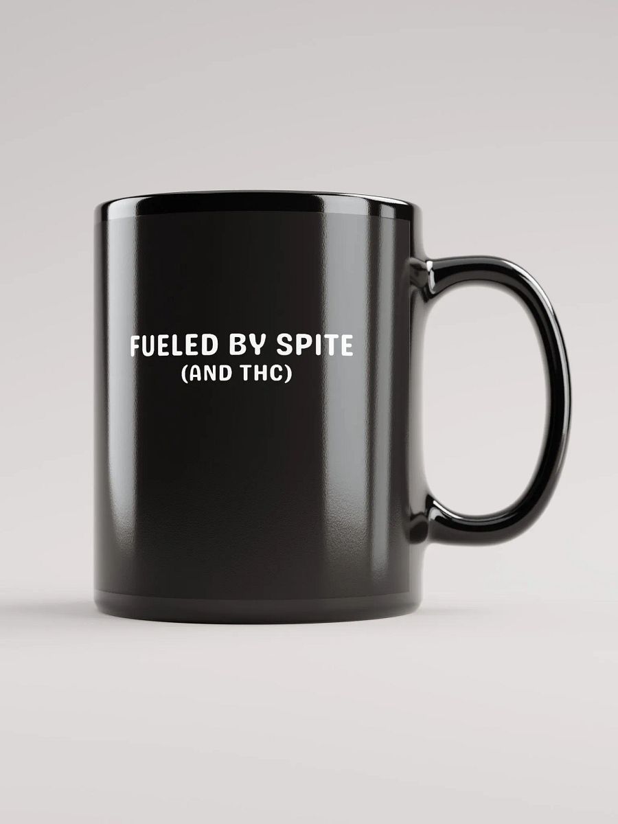 FUELED BY SPITE (white design) glossy black mug product image (2)