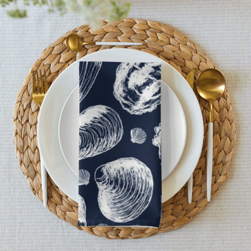 New England Tidal Treasures | Seashell Napkin Set | Monique Faella Designs™ | White on Dark Blue product image (1)