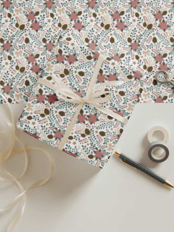 Enchanted forest blooms Christmas wrapping paper. Set of 3 sheets in green, soft pink, and white product image (5)