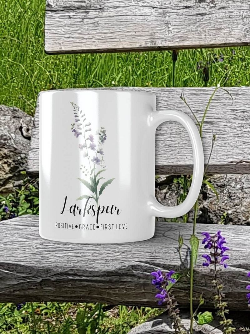 Larkspur Ceramic White Mug: Positive, Grace, First Love, July Birth Month Flower