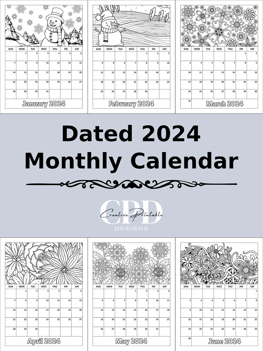 Printable 2024 Monthly Calendar With Coloring Pictures product image (2)