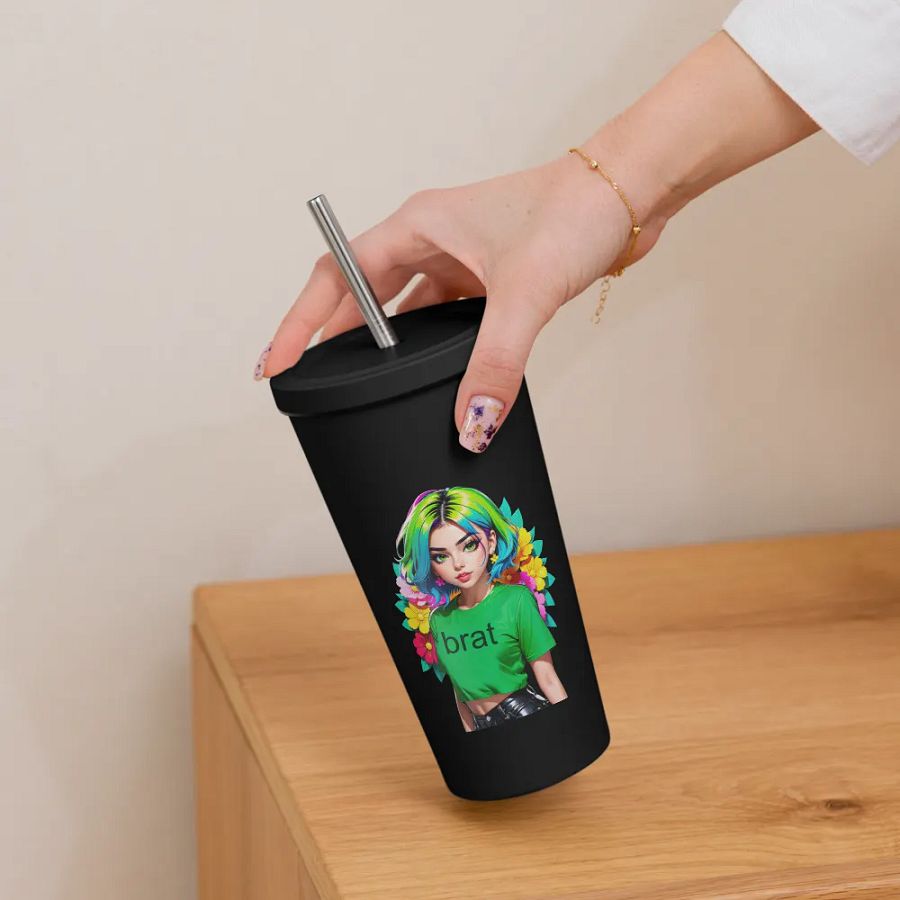 Brat 20 oz Tumbler Cup - Black - Insulated Tumbler with a Straw v1 product image (6)