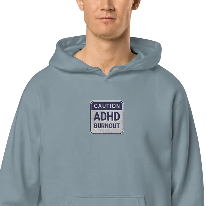 CAUTION: ADHD BURNOUT embroidered pigment hoodie (navy design) product image (2)