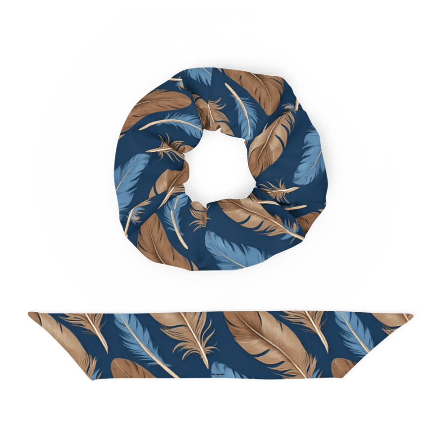 Hair Scrunchie - Blue and Brown Feathers on Blue Background product image (4)