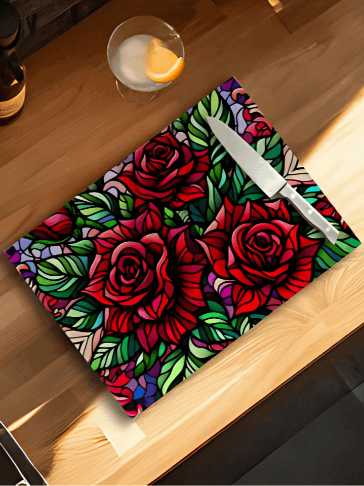 Stained Glass Red Roses Cutting Board Sublimation Design – high-quality 300 DPI PNG digital download product image (1)