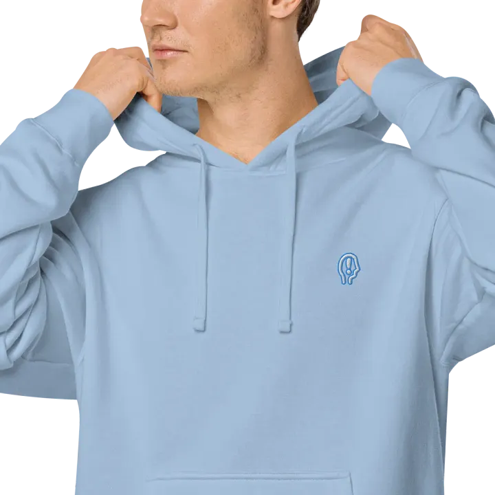 EXCLAIMING MENTALLY (sm. aqua bubble design) embroidered pigment hoodie product image (1)