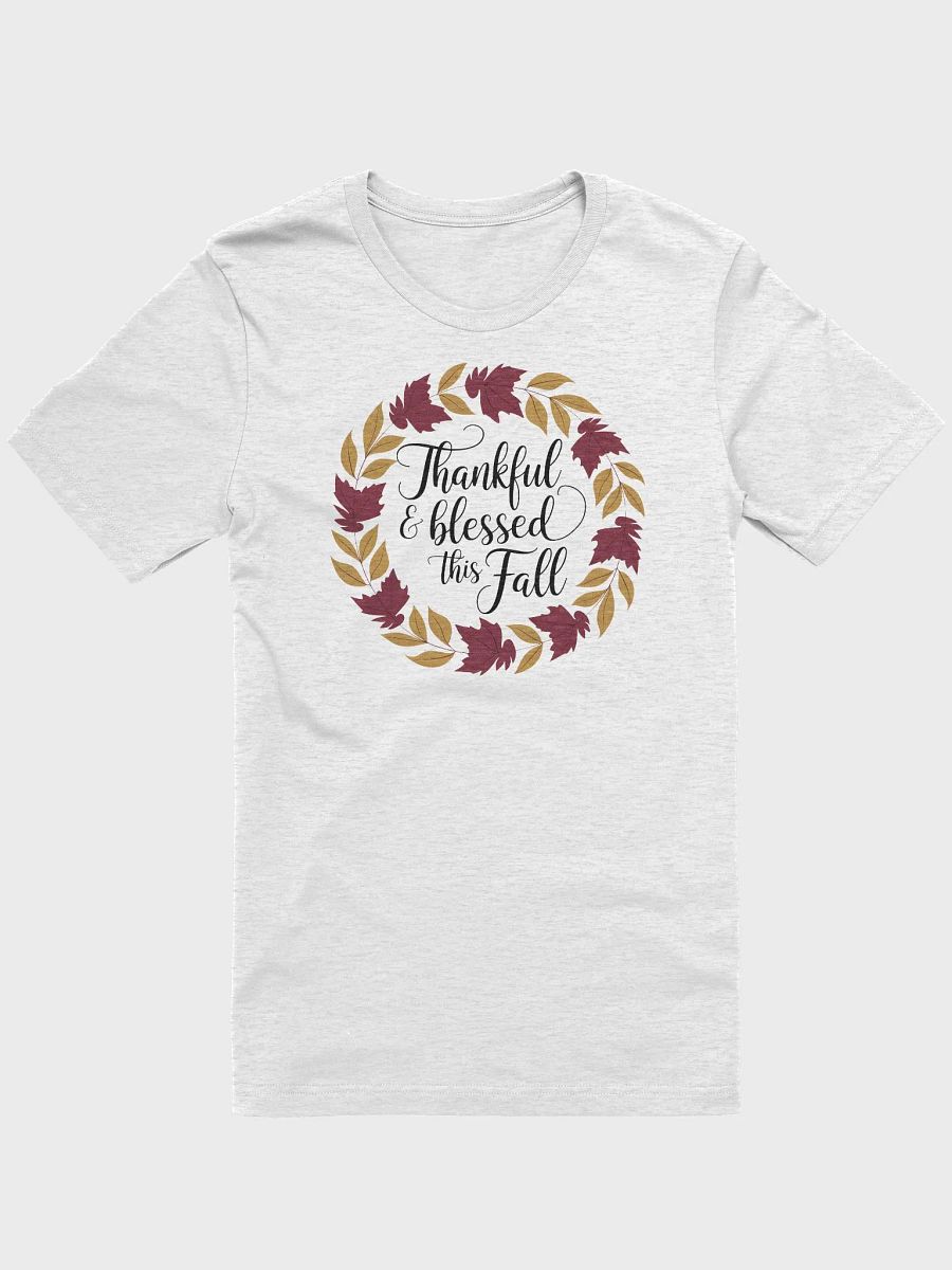 “Thankful & blessed this Fall” t-shirt, Holiday season t-shirt, Fall casual wear, Thanksgiving gatherings attire, Gratitude-themed shirt, Autumn wreath t-shirt, Seasonal gratitude clothing, gift idea product image (1)