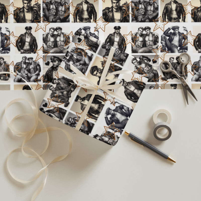 Biker Boys Hangout Tom of Finland Tribute Gay Leather Bikers Christmas Wrapping Paper Set of 3 Sheets! product image (3)