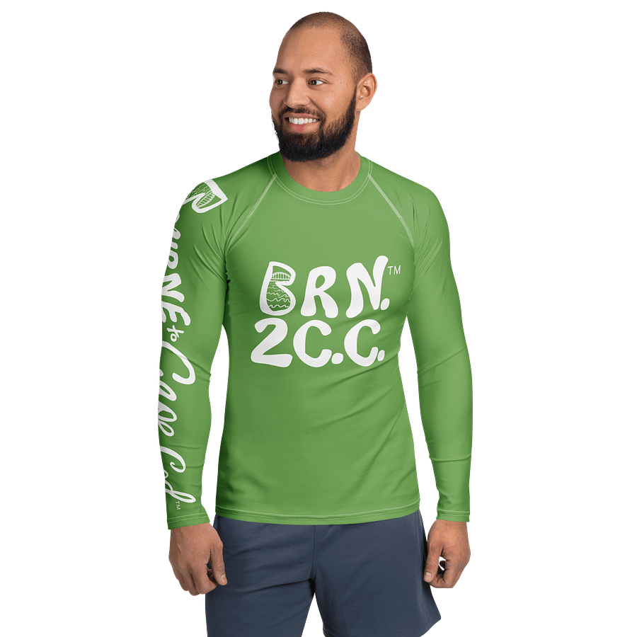 BRN.2C.C.™ /BOURNE to Cape Cod™ | Men’s Long Sleeve Rash Guard | UPF 50+ Active Coastal Shirt | White Logos on Green product image (3)