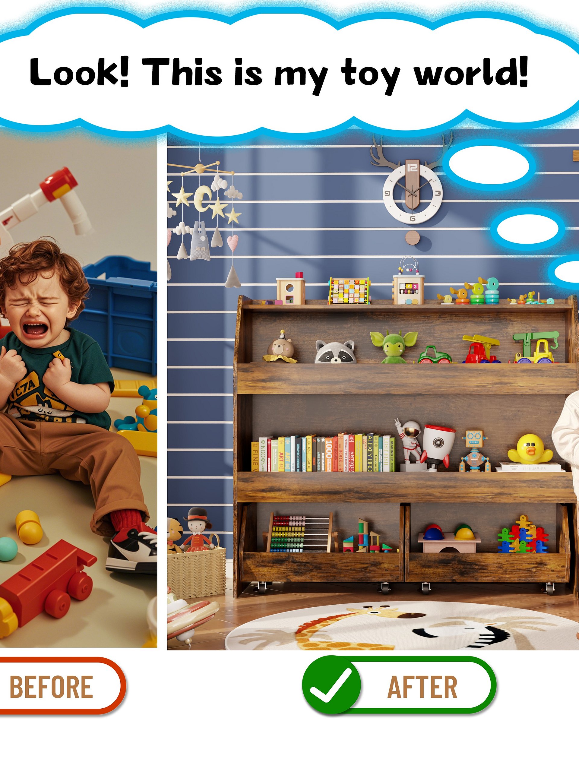 3-Tier Portable Toy Storage, Kids Toy Organizer W/2 Removable Bins with 4 Wheels（Brown) product image (9)