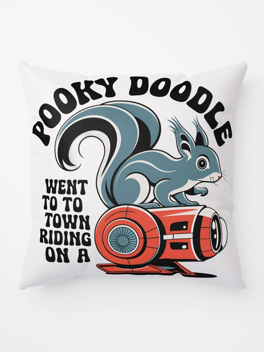 Comfy Pillow: Pooky Noodle Went To Town Riding on a robot, hippie font, red robot, squirrel on top, retro design product image (9)