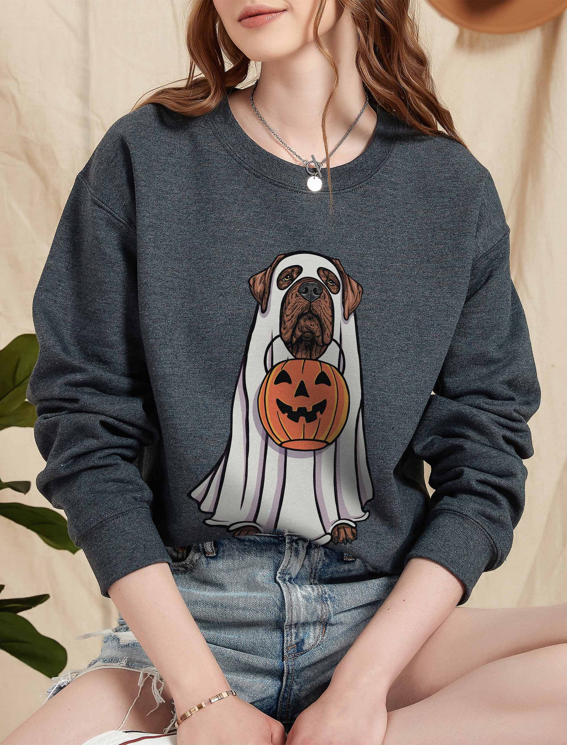 Funny Halloween Neapolitan Mastiff(Red) Sweatshirt | Funny Dog Wearing a Ghost Costume and Holding a Pumpkin Basket product image (5)
