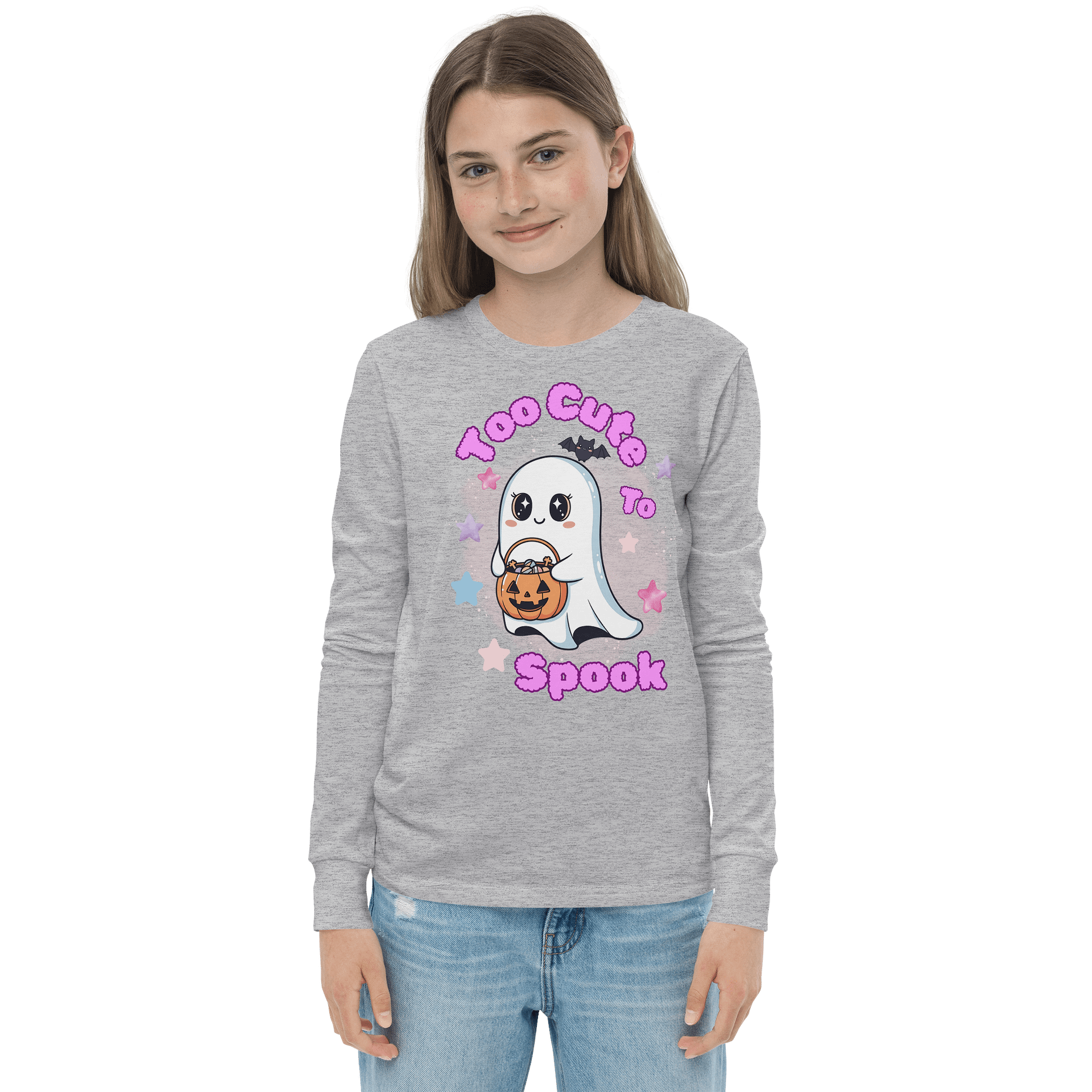 “Too Cute to Spook" Ghost Halloween Long Sleeve Tee – Kawaii Pastel Halloween Shirt for Girls, Preteen & Teen product image (1)