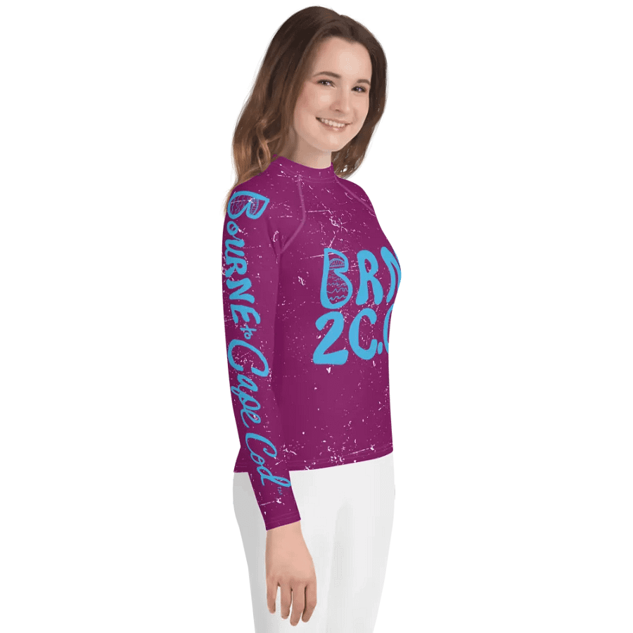Girls' | YOUTH | Rash Guard | BRN.2C.C.™ Front Graphic | BOURNE to Cape Cod™ Sleeve & Back Logo | Coastal Swim Shirt for Kids | UV Protection Activewear | Blue Logo on Distressed Purple product image (4)