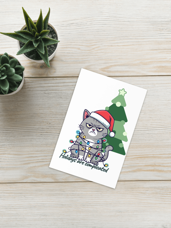 Holidays Are Complicated” Funny Grumpy Cat Christmas Card – Cute Cat Tangled in Lights – Holiday Greeting Card with Envelope product image (1)