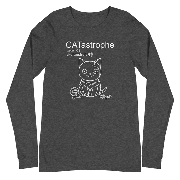 CATastrophe Unisex Long Sleeve Tee, Cat with Yarn, White Print product image (2)
