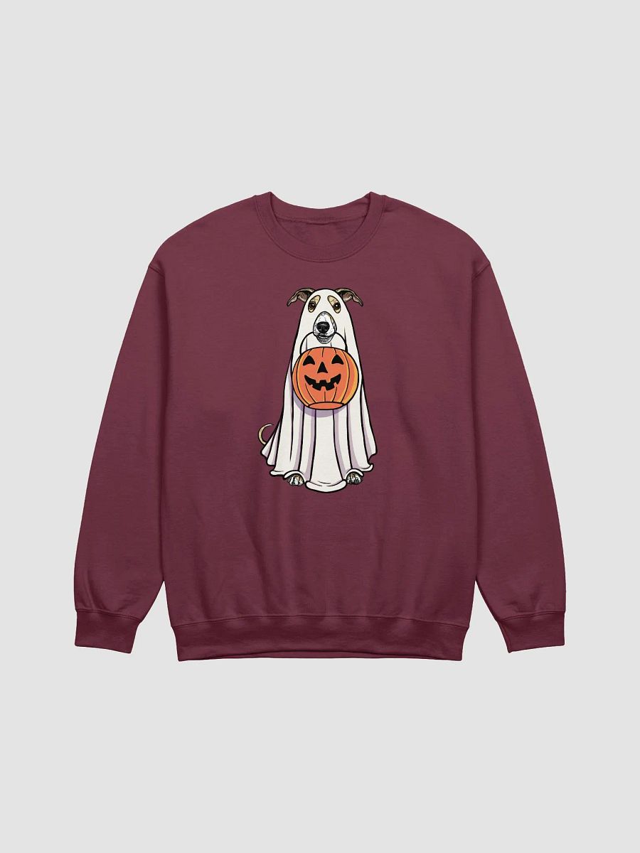 Funny Halloween Whippet(Fawn & White) Sweatshirt | Funny Dog Wearing a Ghost Costume and Holding a Pumpkin Basket product image (12)