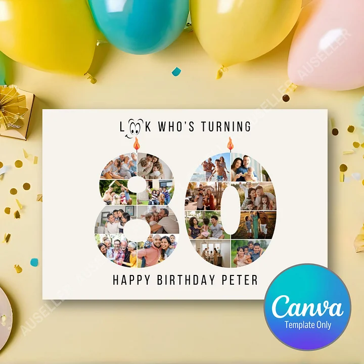 80th Birthday Number Photo Card Canva Template product image (1)