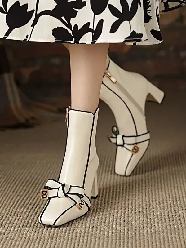 Autumn Winter High Heels Pumps Sweet Bow Real Leather Ankle Boots Chunky Heel product image (7)