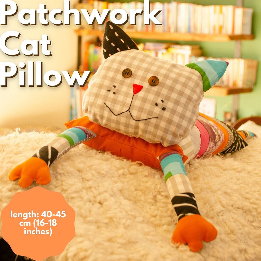 Stuffed Patchwork Cat Pillow, Toddler Stuffed Plush Cat Toy product image (1)
