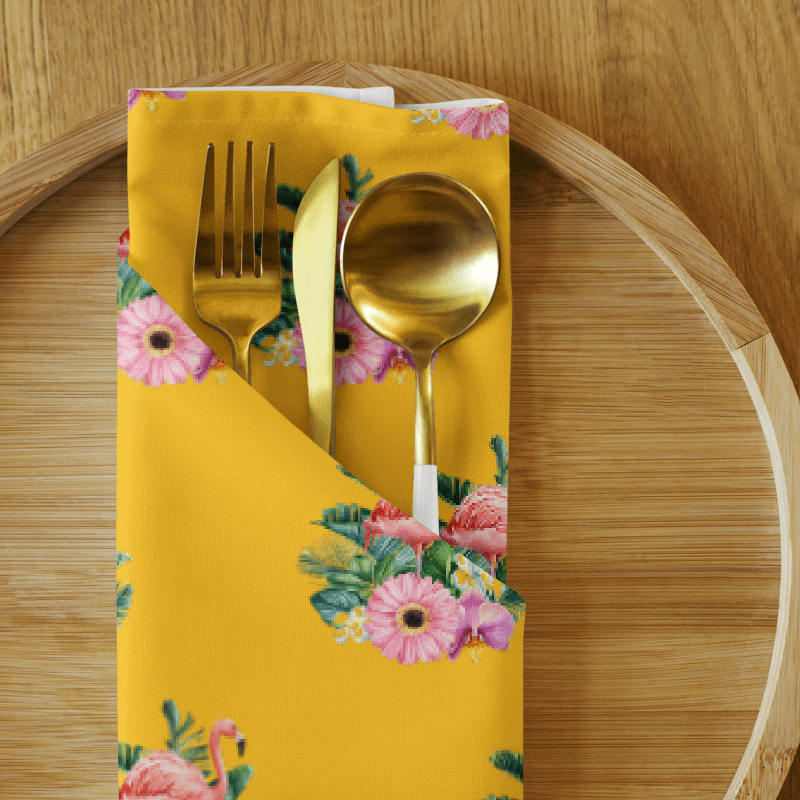 TROPICAL FLAMINGO & FLORAL CLOTH NAPKINS (SET OF 4) – 20"X20", SOFT BROADCLOTH, GOLDEN YELLOW BACKGROUND, VIBRANT BOTANICAL PRINT product image (2)