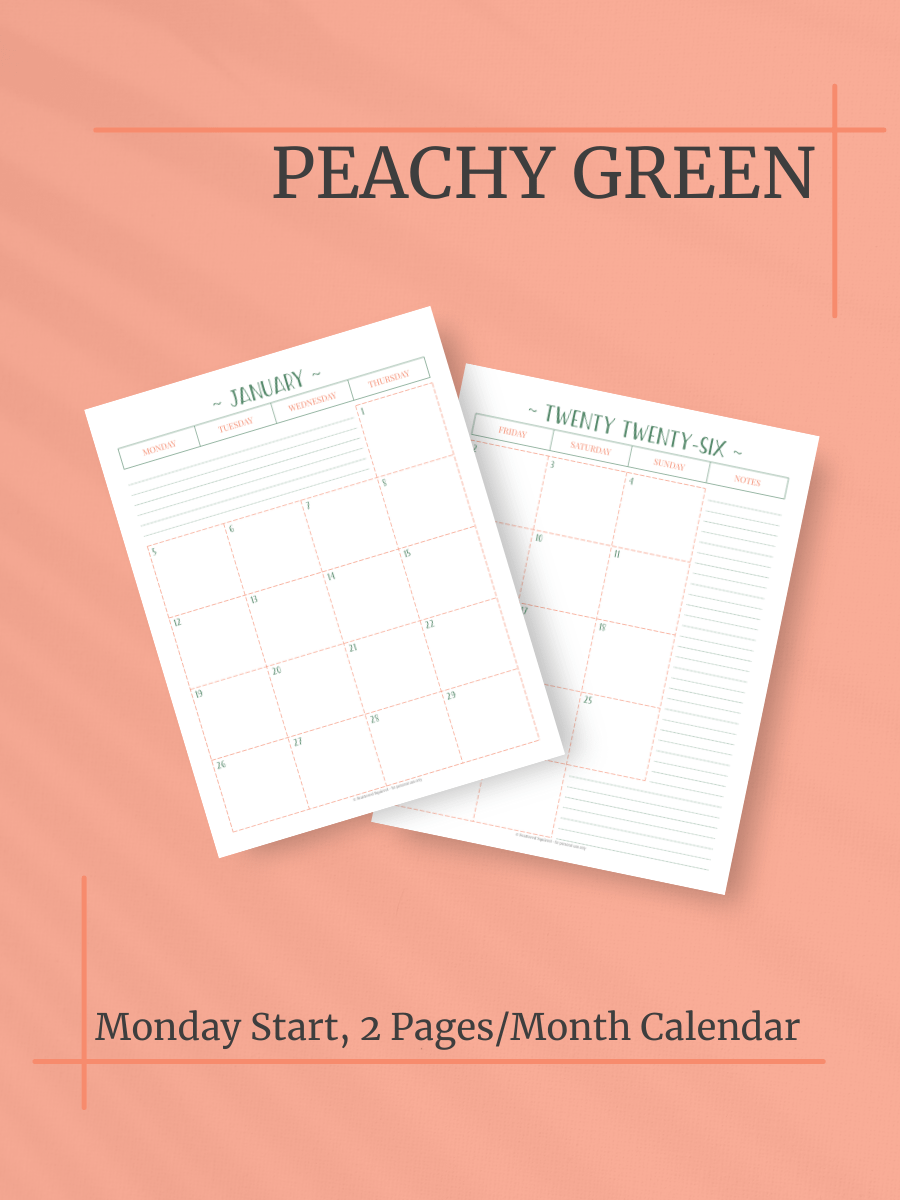 Peachy Green 2026 Calendar - 2 Pages per Month, Monday Start, Letter Size product image (1)