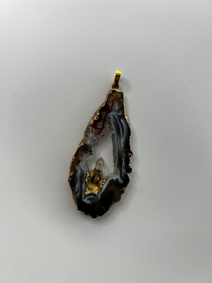 Agate Slice Clear Quartz Crystal Gold Tone Pendant product image (1)