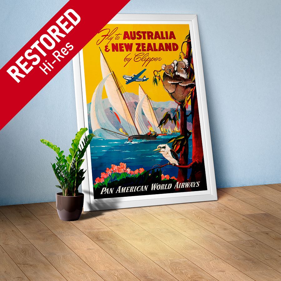 Australia & New Zealand by Clipper, 1950s (Pan American poster) — vintage travel poster, retro travel art, propaganda poster product image (1)