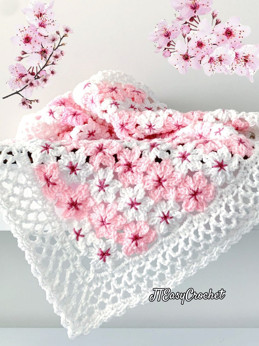 Cherry Blossom Flower Baby Blanket, Sakura Flower Motif Crochet Pattern for Floral Throw Blanket product image (9)
