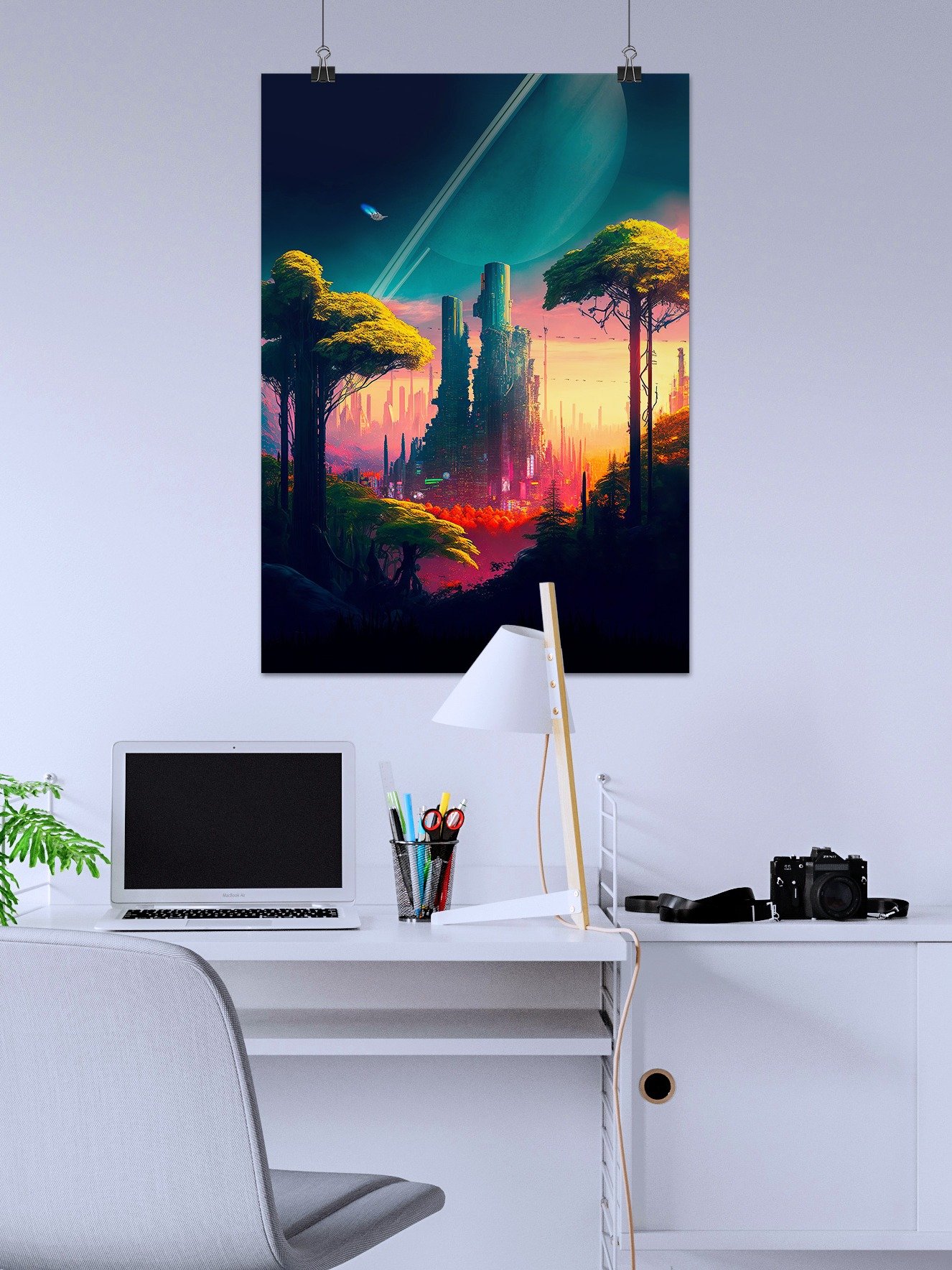 Neon cyberpunk city in a forest in orbit around Saturn (Star Wars/Blade Runner style) — surreal space collage art, futuristic sci-fi collage product image (2)
