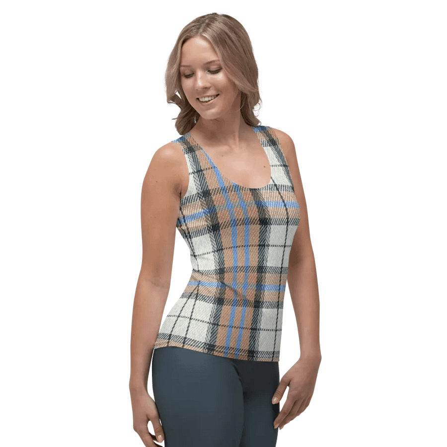 ALL-OVER PRINT BLUE WHITE AND BEIGE CHECKERED PATTERN VINTAGE CHECKERED WOMEN'S TANK TOP product image (4)