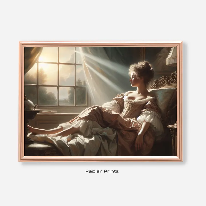 Elegant Repose: Vintage Oil Painting of Young Woman Lounging on a Chaise product image (1)