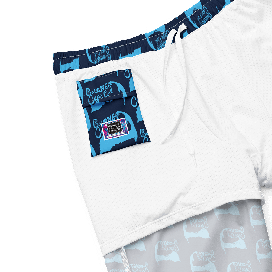 BOURNE to Cape Cod™ All-Over Logo Swim Trunks | Men's UPF 50+ Quick-Dry Coastal Shorts | Deep Sky Blue Logo Repeat Pattern on Navy product image (6)