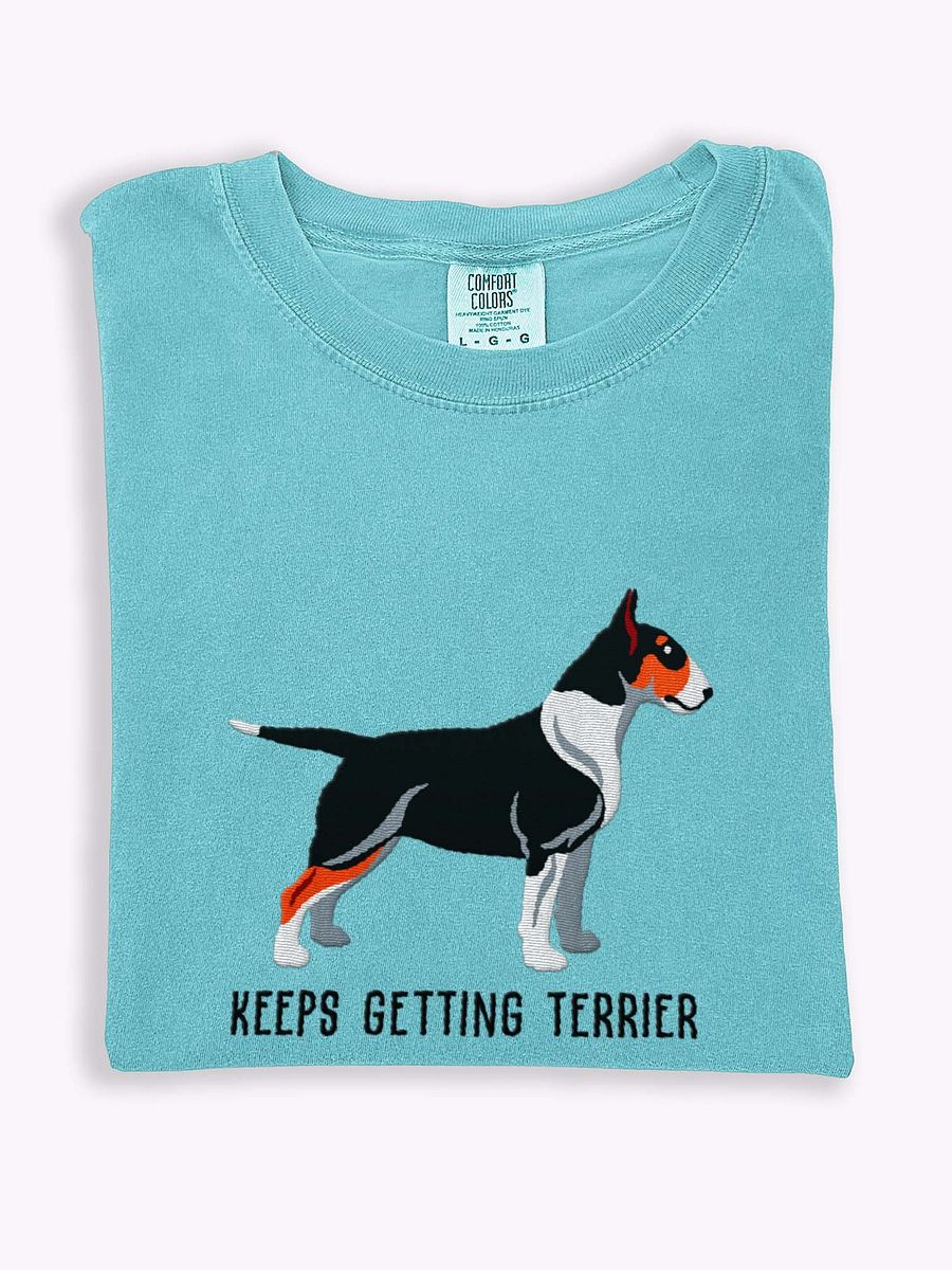 Keeps Getting Terrier T-Shirt(Embroidered) of an English Bull Terrier(Tricolor) product image (1)
